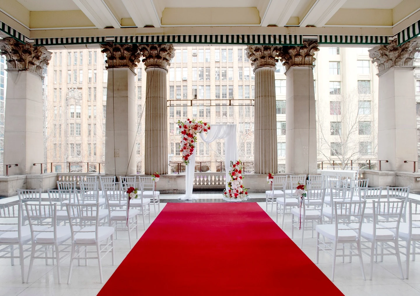 Red carpet wedding ceremony with RON GROUP event furniture for Showtime Event Group