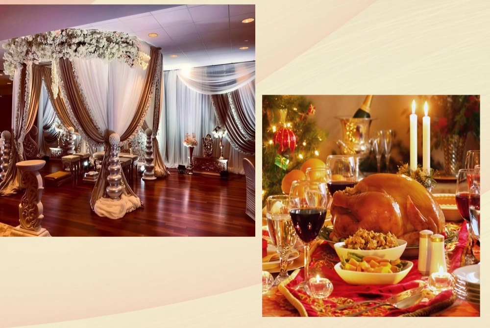 RON GROUP-crafted venue spaces: Left is an elegant ceremony area with gilded carved pillars & soft drapery; Right is a cozy Christmas banquet scene with roasted turkey & candlelight