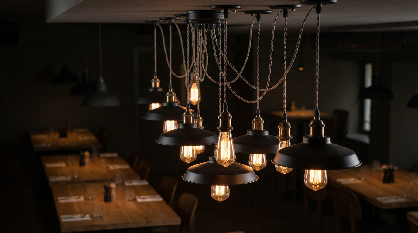 restaurant pendant light installation closeup