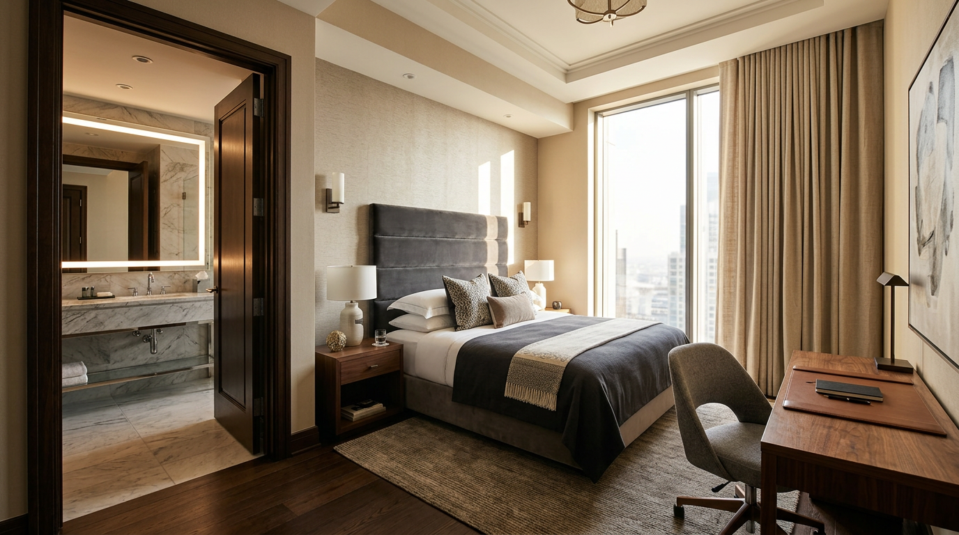 Upscale hotel guest room showcasing FF&E assets including king bed, wooden desk, task chair, bedside lamps, and floor-to-ceiling curtains