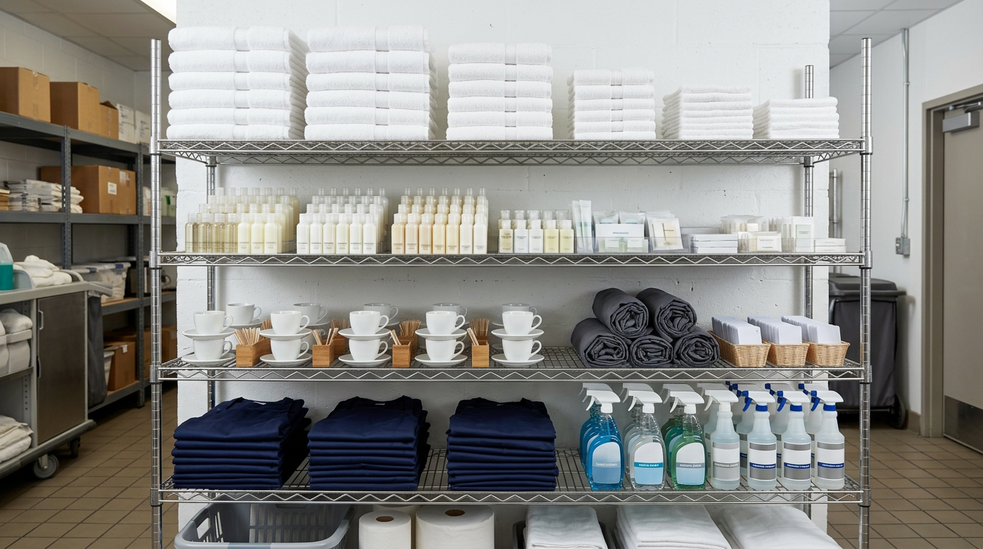 Organized hotel operating supplies on stainless steel shelving including bath towels, amenity bottles, coffee cups, aprons, and cleaning supplies