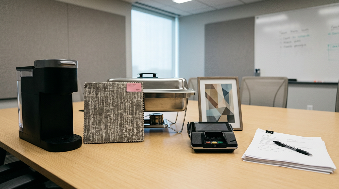 Ambiguous hotel items like coffee maker, curtain swatch, chafing dish, artwork, and POS terminal arranged on a conference table for classification discussion
