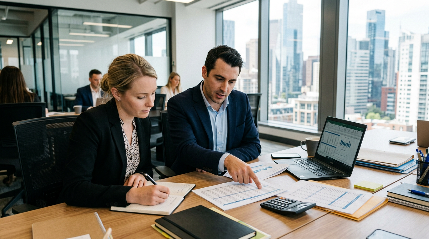 Hotel finance team reviewing FF&E and OS&E budget documents at a modern office desk with laptop showing financial spreadsheet