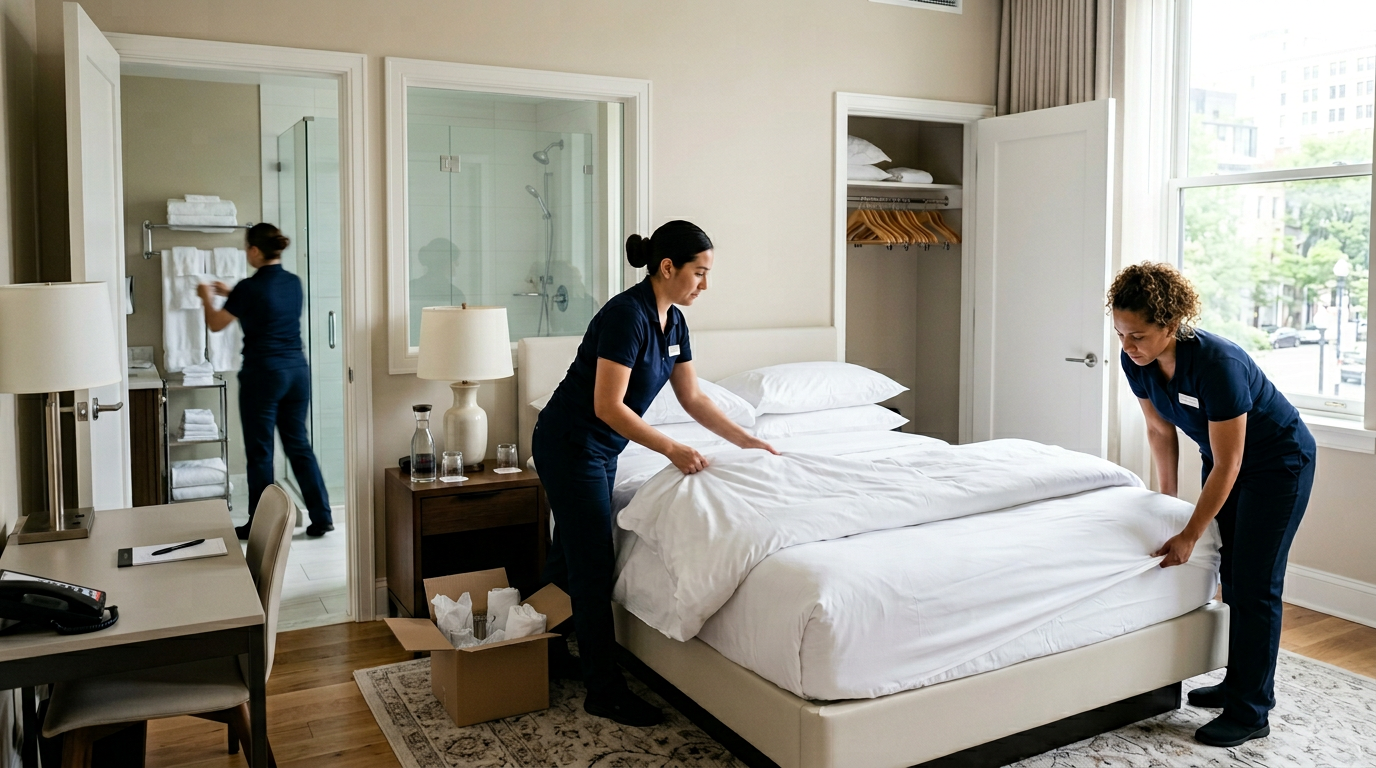 Hotel housekeeping staff making a king bed with crisp white sheets during pre-opening room staging, with nightstand and desk already in place