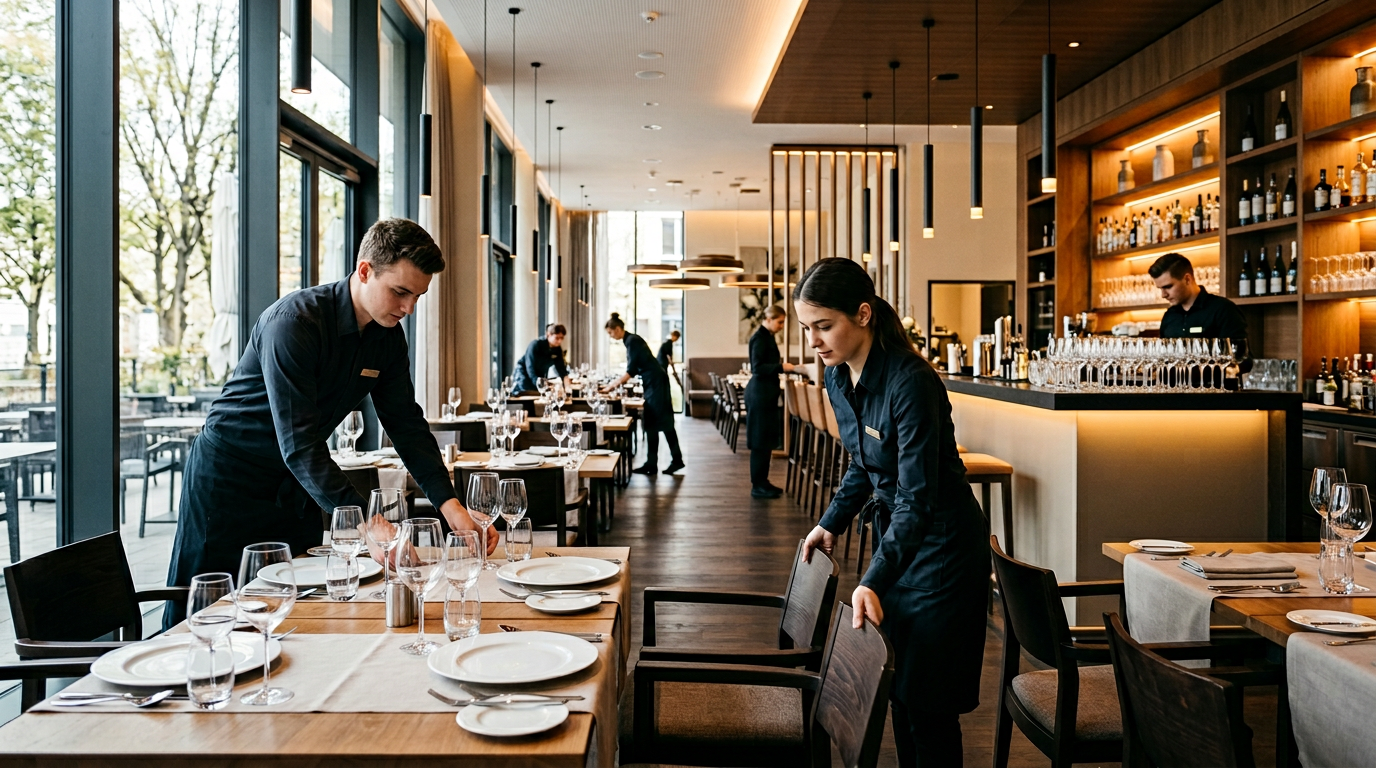 New hotel restaurant dining area being set up for opening with staff arranging chairs, placing plates, and organizing glassware at the bar