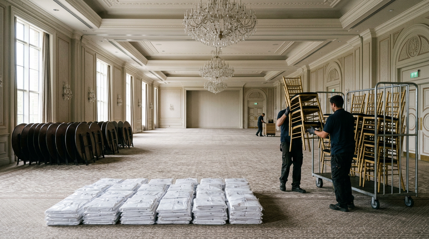Large hotel ballroom receiving banquet furniture delivery with workers unloading stacked chiavari chairs and folded round tables