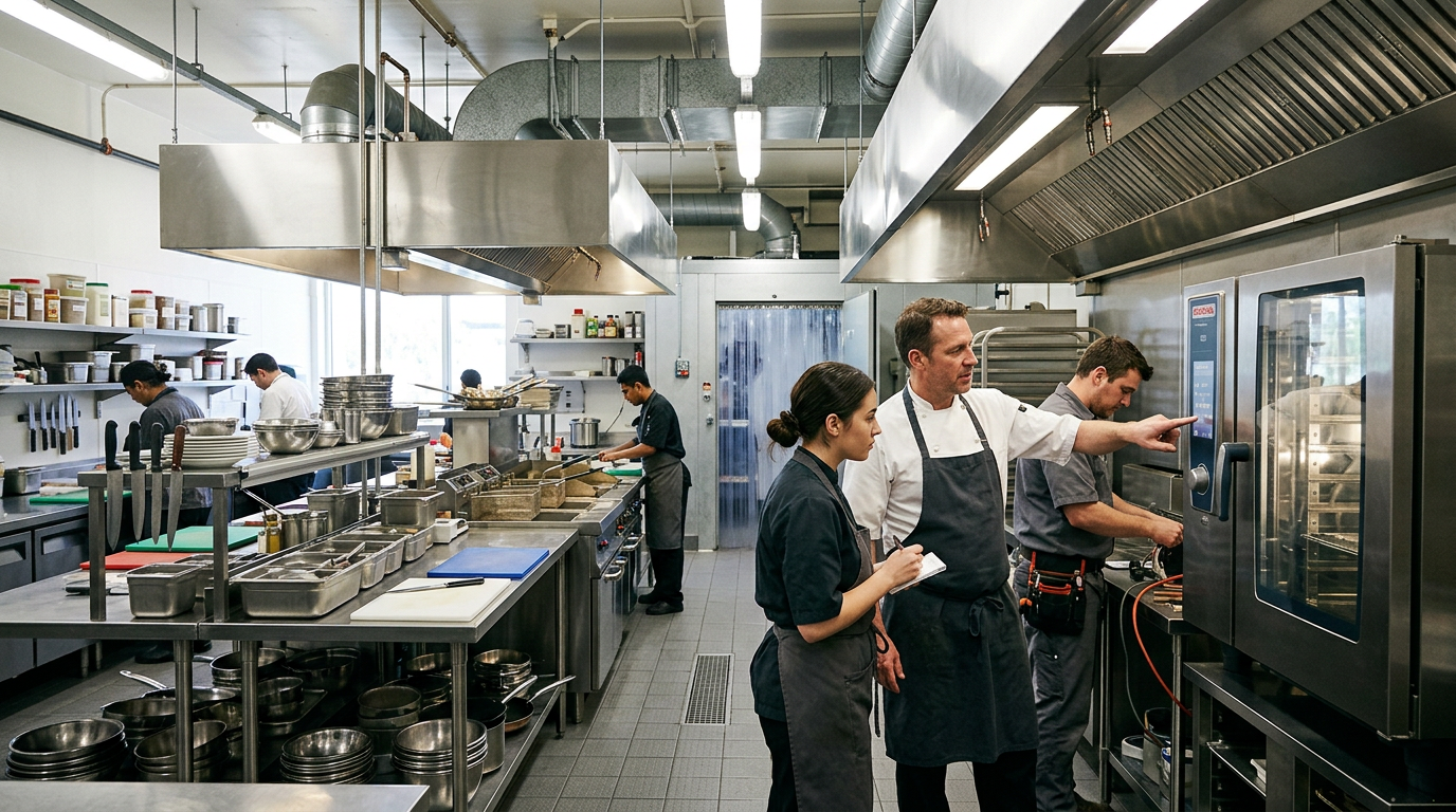 Commercial hotel kitchen during equipment commissioning with chef inspecting a combi oven, prep tables with organized cookware and smallwares