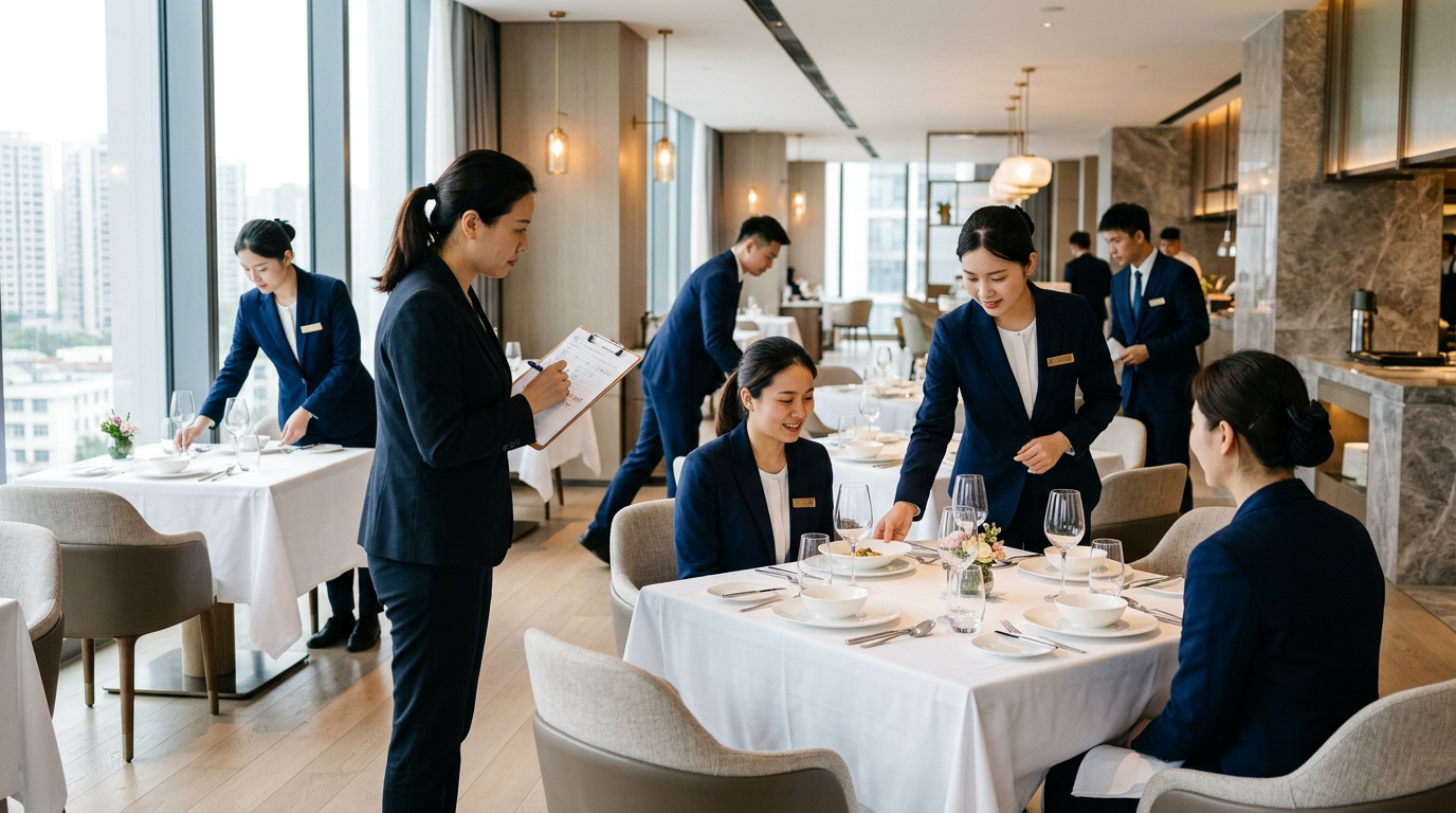 Hotel restaurant mock service rehearsal with staff in new uniforms practicing table service while a manager observes and takes notes
