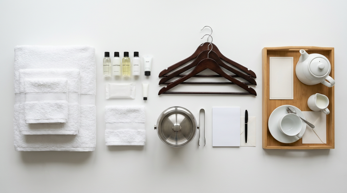 Neatly arranged hotel guest room operating supplies including folded towels, toiletry amenities, bed linens, and stationery