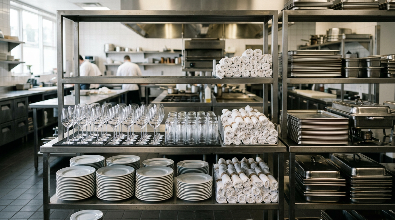 Hotel restaurant back-of-house area with organized tableware inventory including stacked plates, wine glasses, and serving trays