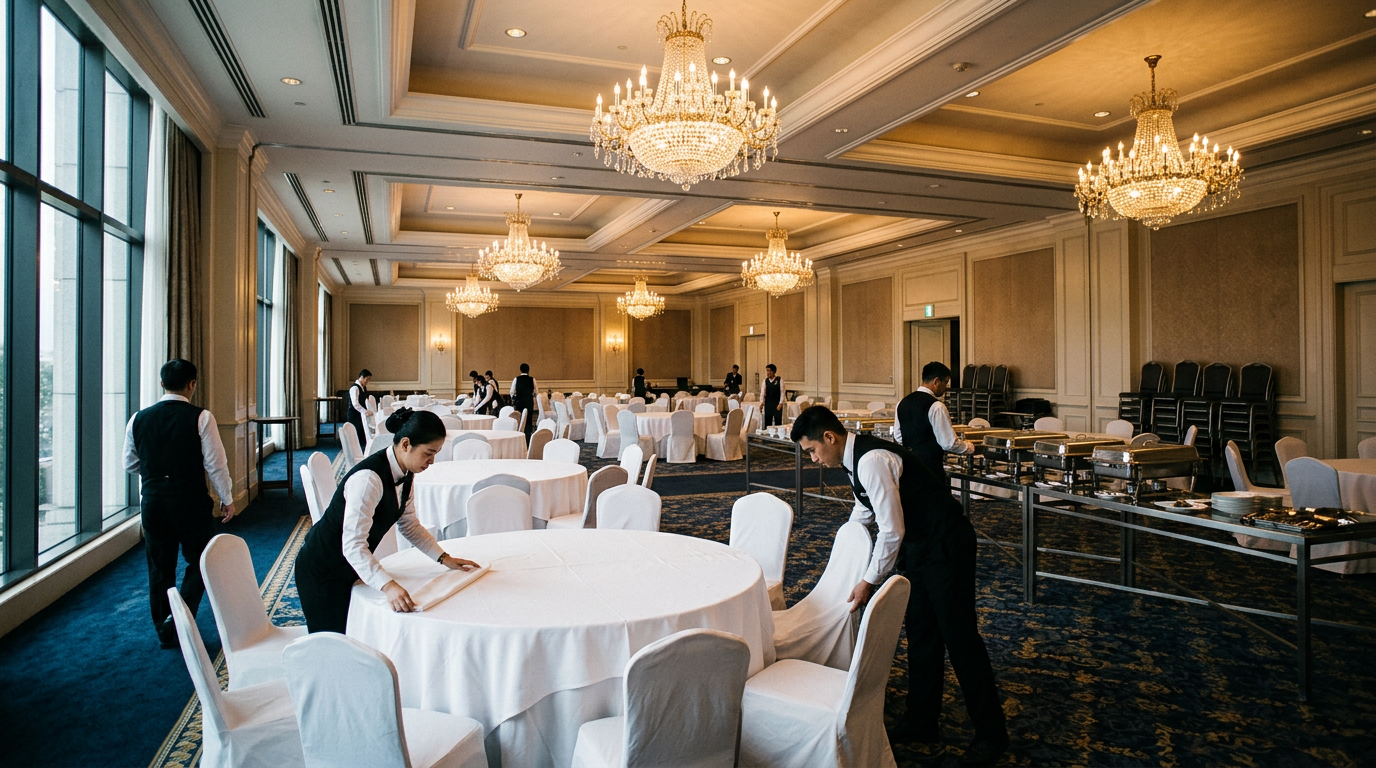 Hotel banquet hall being set up for a large event with staff arranging round tables, tablecloths, and chafing dishes on buffet stations