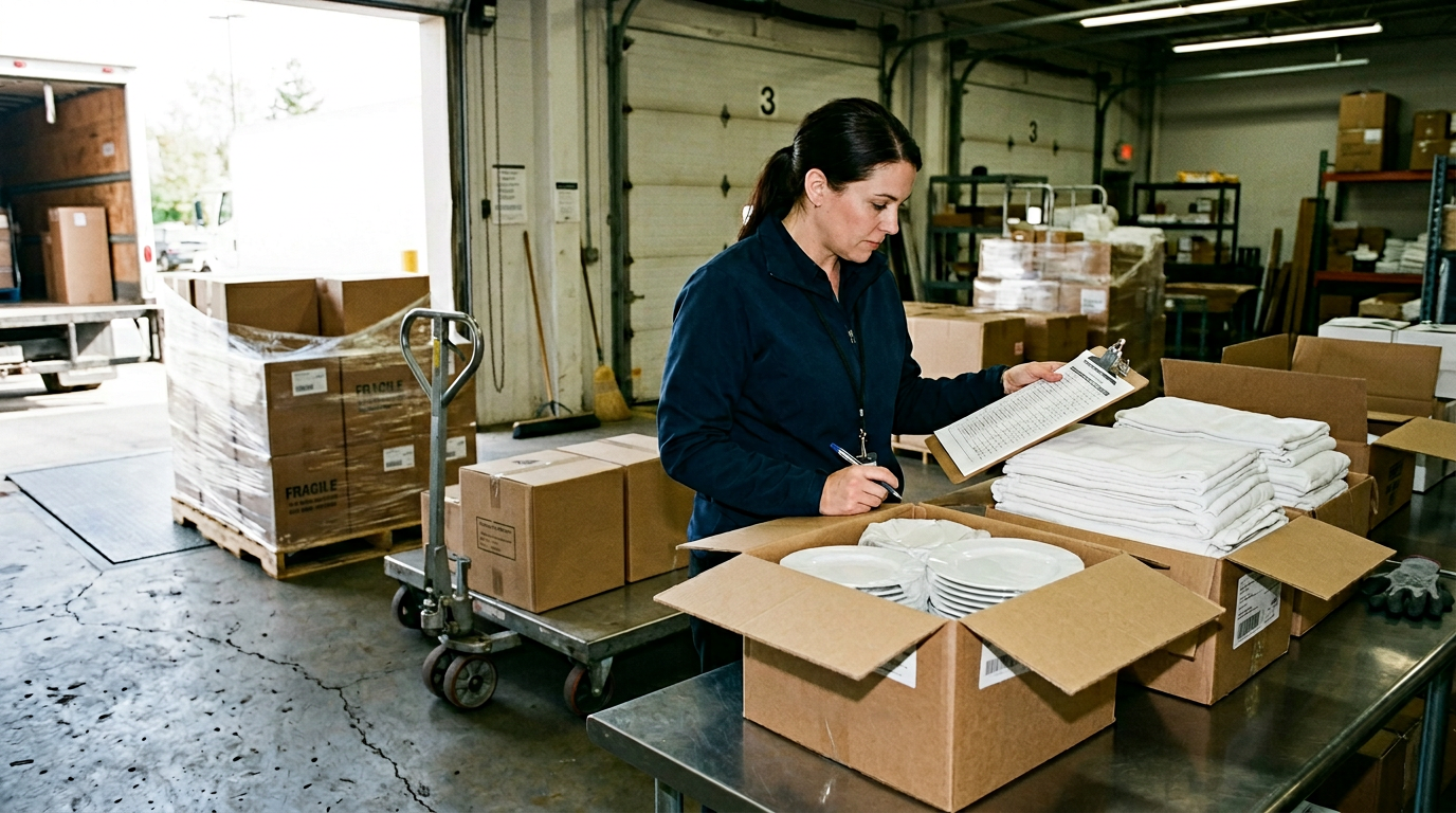 Hotel operations manager checking delivery of hospitality supplies at the receiving dock, inspecting boxes of plates and linens