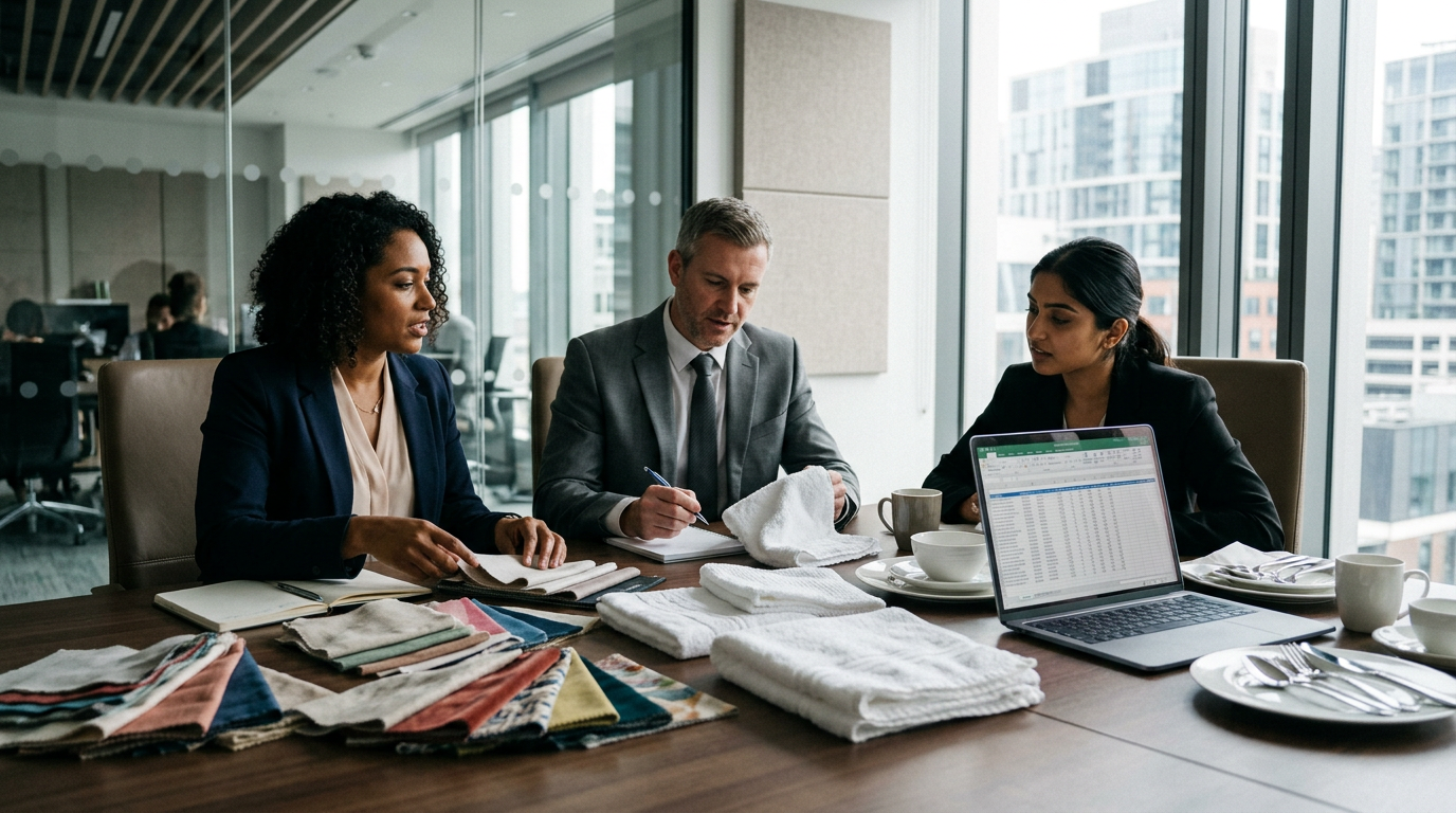 Hotel procurement team reviewing supplier samples including fabric swatches, towels, and tableware pieces in a modern meeting room