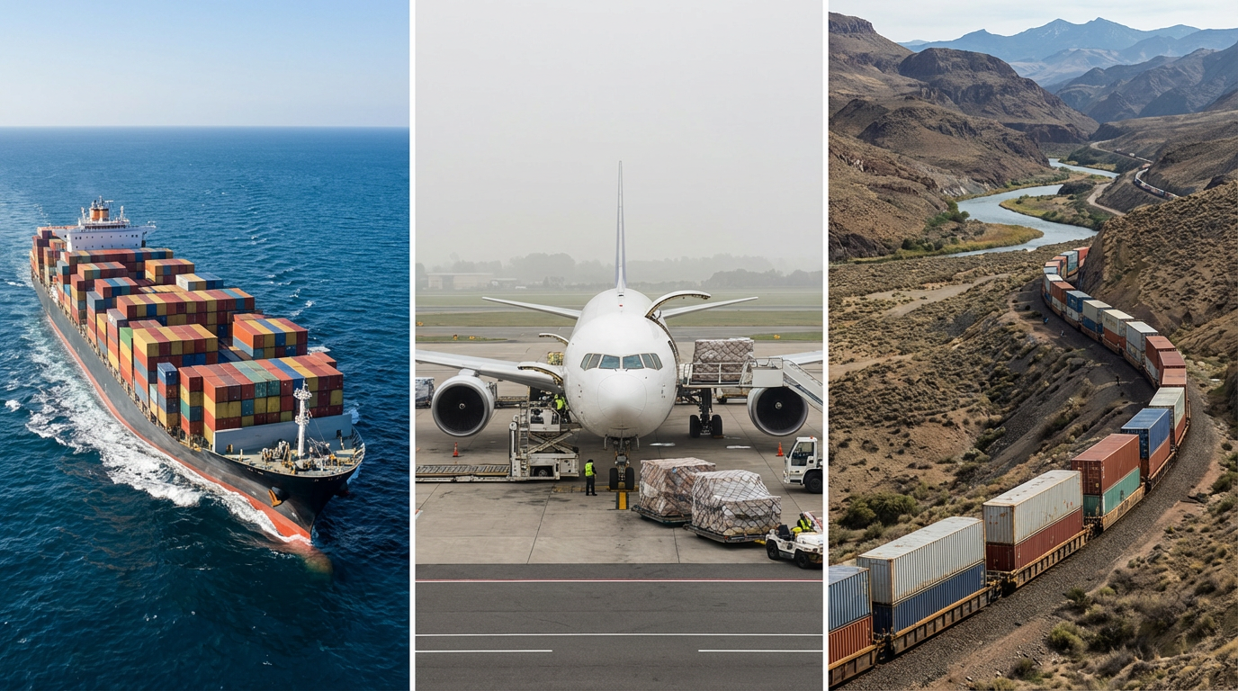 Visual comparison chart showing sea freight, air freight, and rail freight options for shipping restaurant equipment from China
