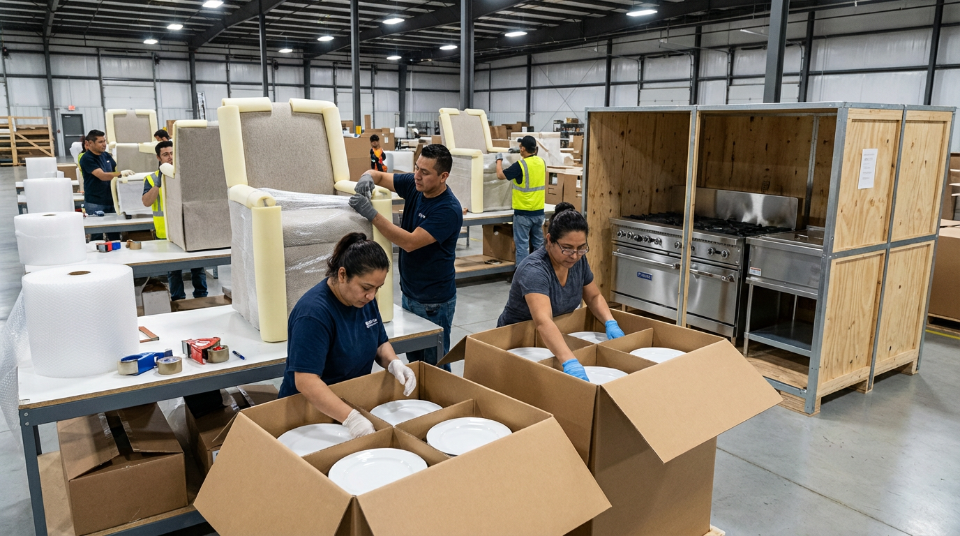 Professional packaging methods for hospitality equipment including foam-wrapped furniture, cell-packed glassware, and crated kitchen equipment