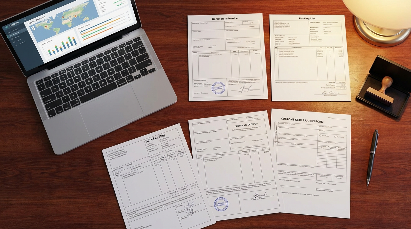 Essential shipping documents for customs clearance including commercial invoice, packing list, bill of lading, and certificate of origin