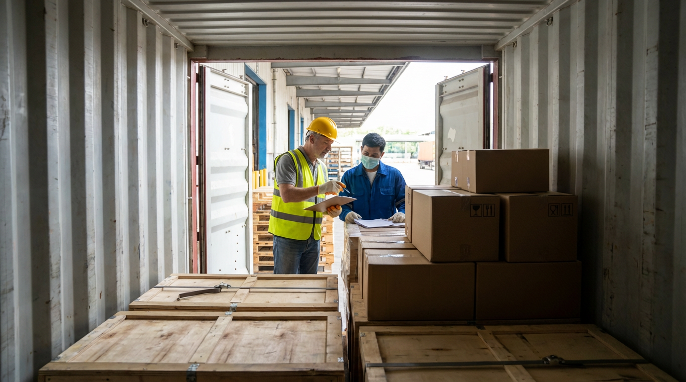 Quality inspector verifying proper loading sequence and packaging of hospitality equipment inside a shipping container
