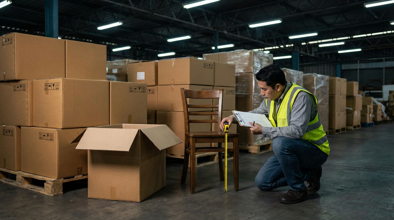 Inspector conducting AQL sampling inspection on packed restaurant furniture, checking dimensions and finish quality