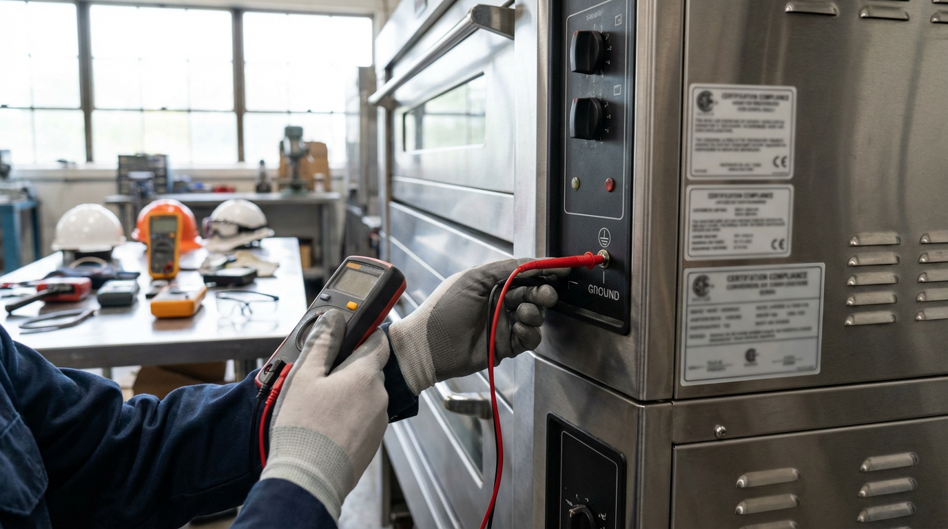 Inspector testing commercial kitchen equipment electrical connections and safety compliance labels in factory