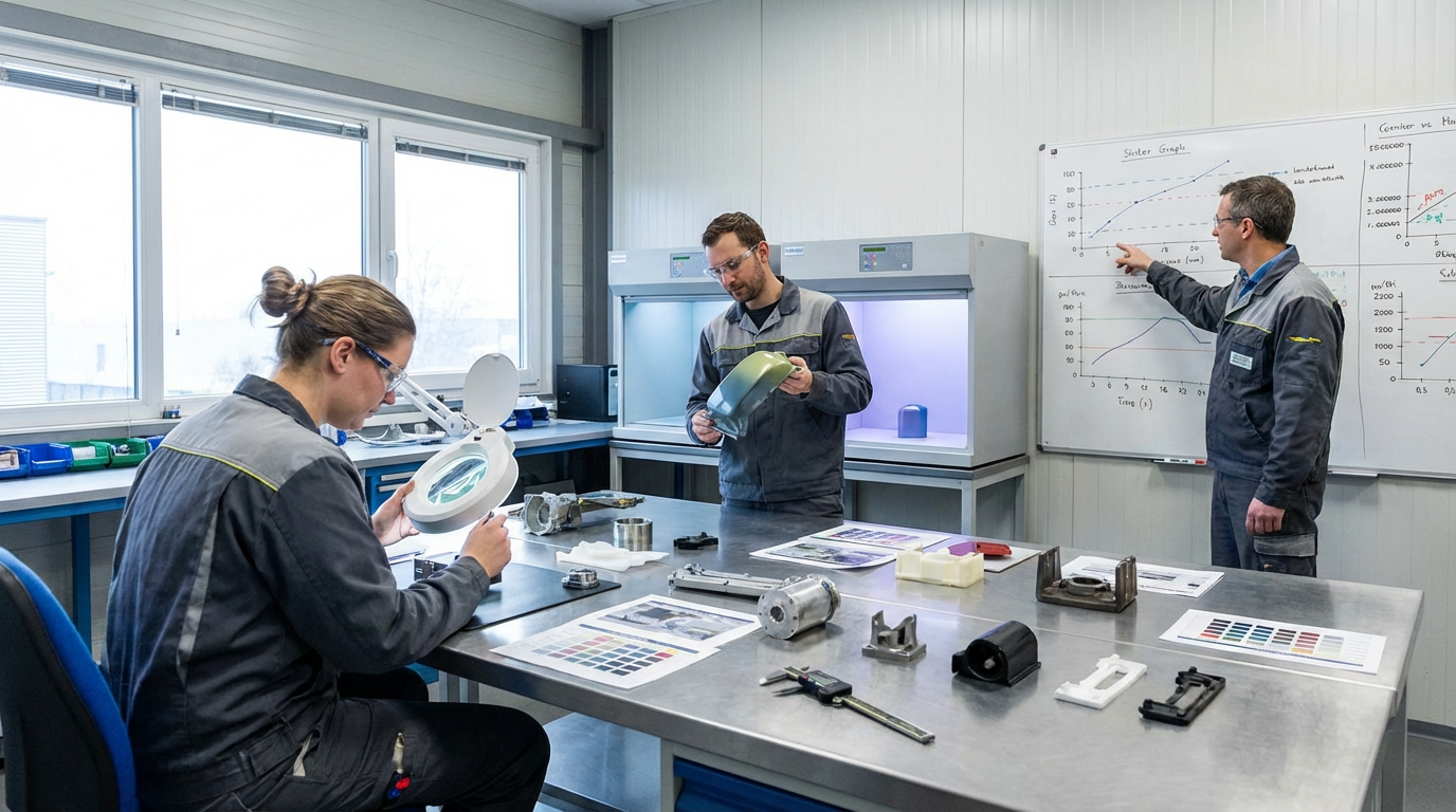 In-house quality control team at a professional hospitality equipment factory reviewing inspection reports with product samples