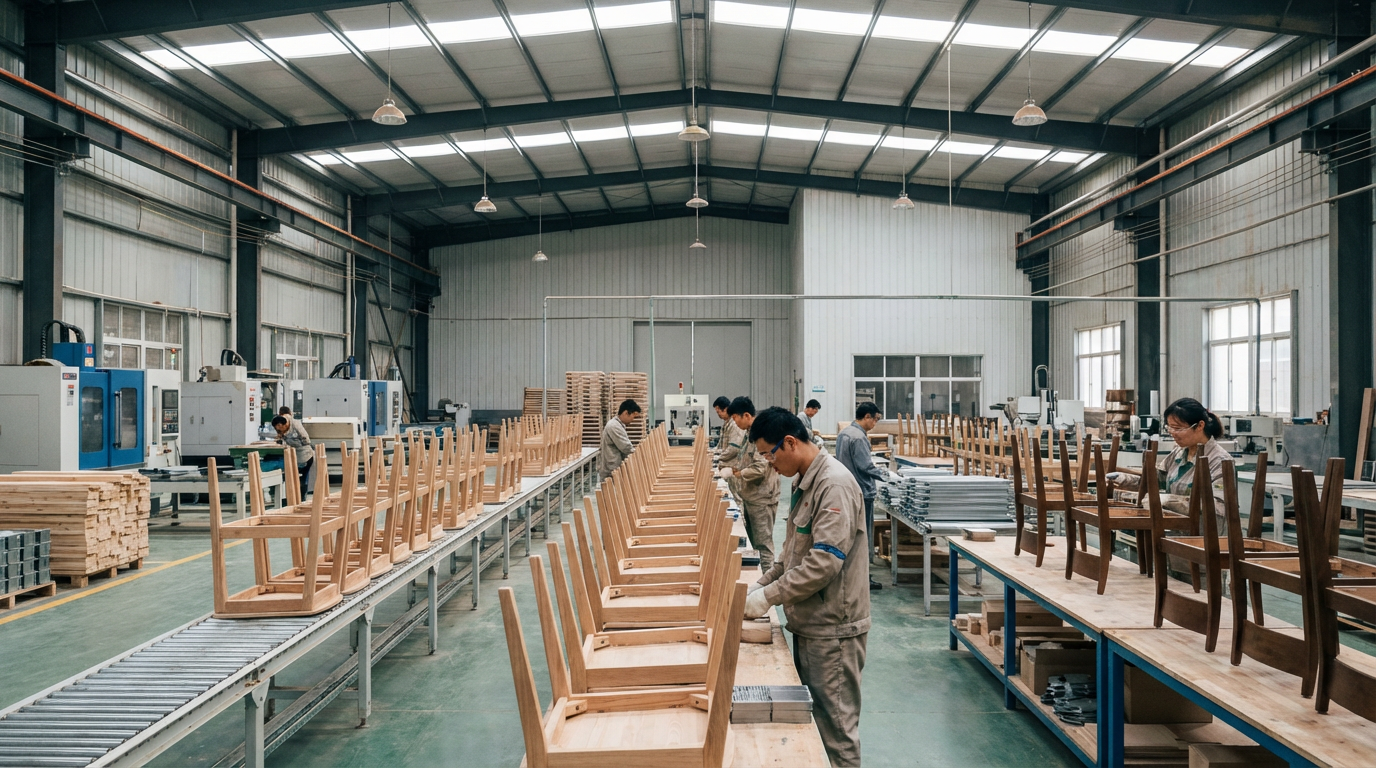 Factory production line showing batch manufacturing of commercial restaurant furniture with organized workflow
