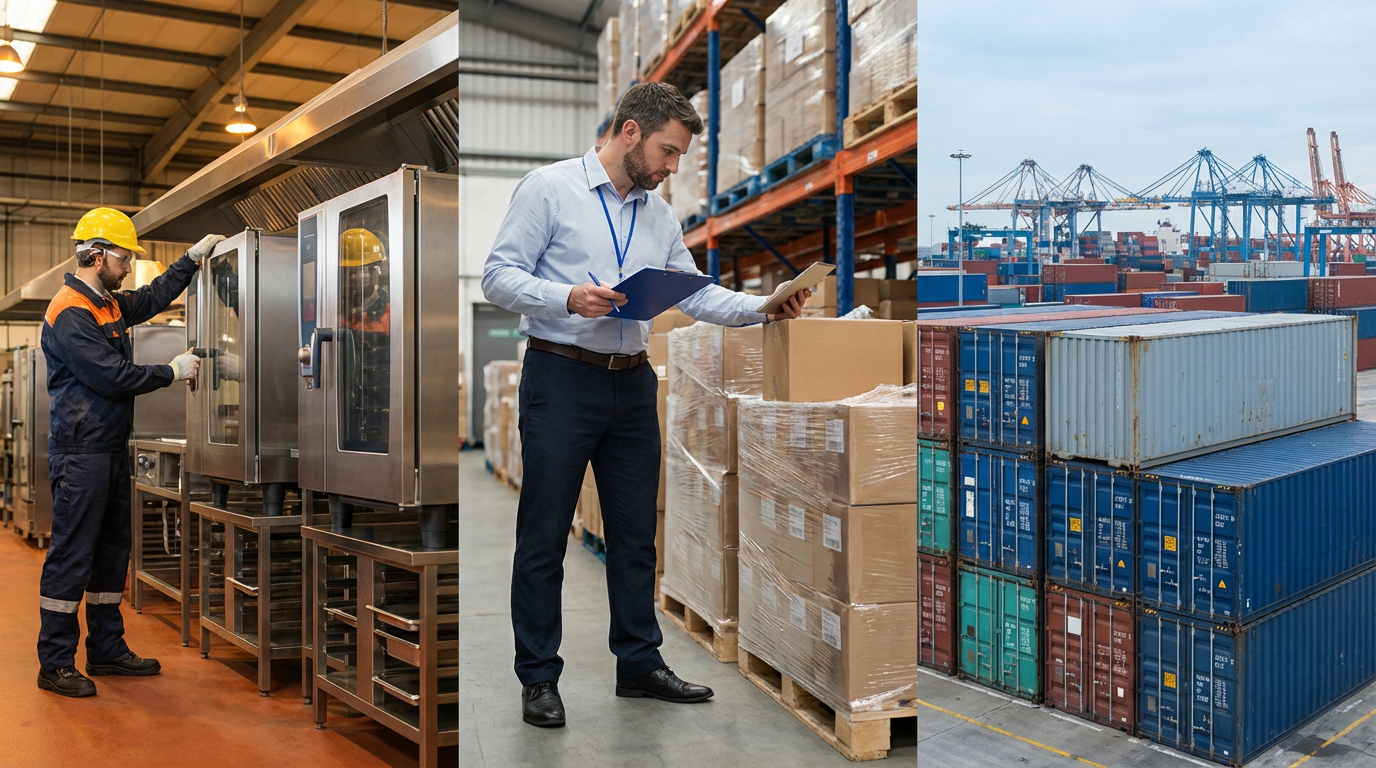 Visual timeline showing production stages from order confirmation through quality control to shipping container loading