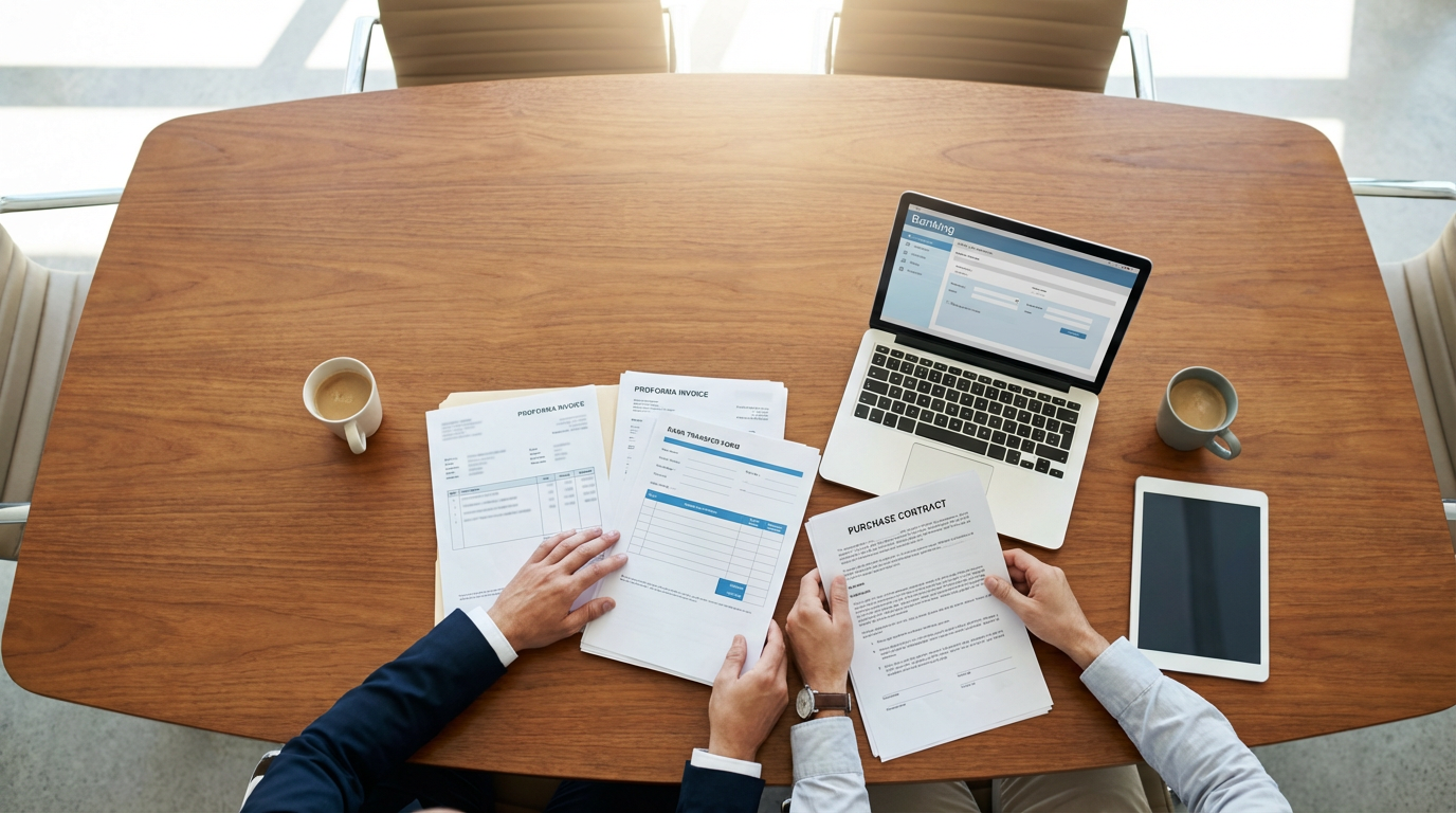 International trade payment documents and contract review on negotiation table with proforma invoice and banking details