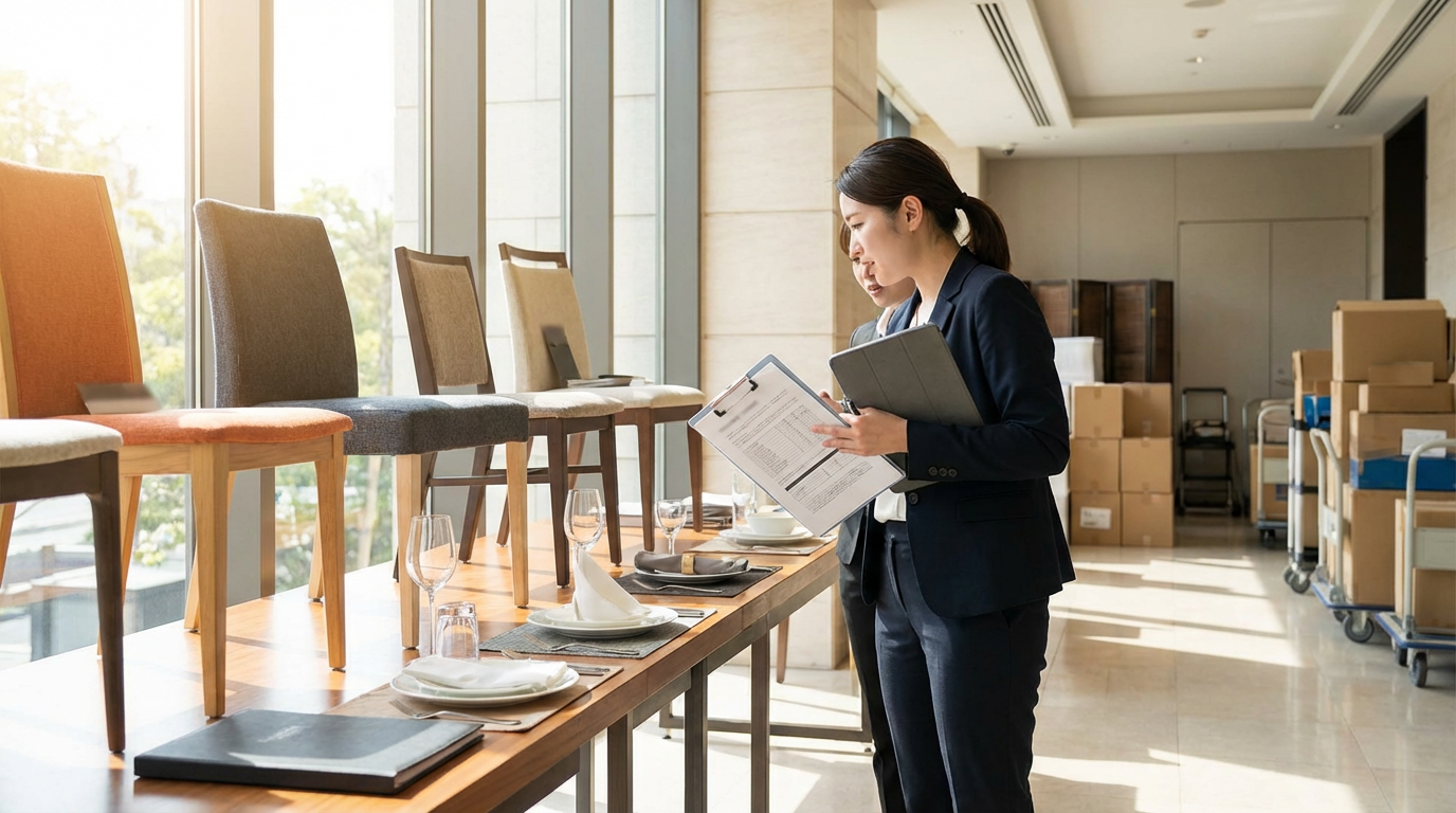 Procurement manager reviewing pre-order checklist against product samples in hotel receiving area