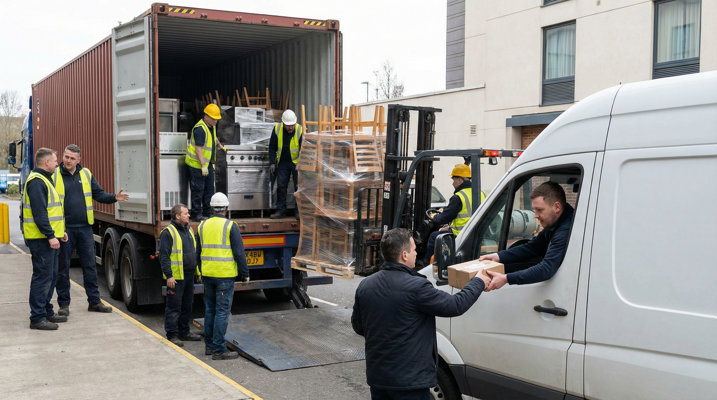 Hybrid procurement model diagram showing annual China procurement cycle for core equipment and local supplier relationships for MRO and emergency items