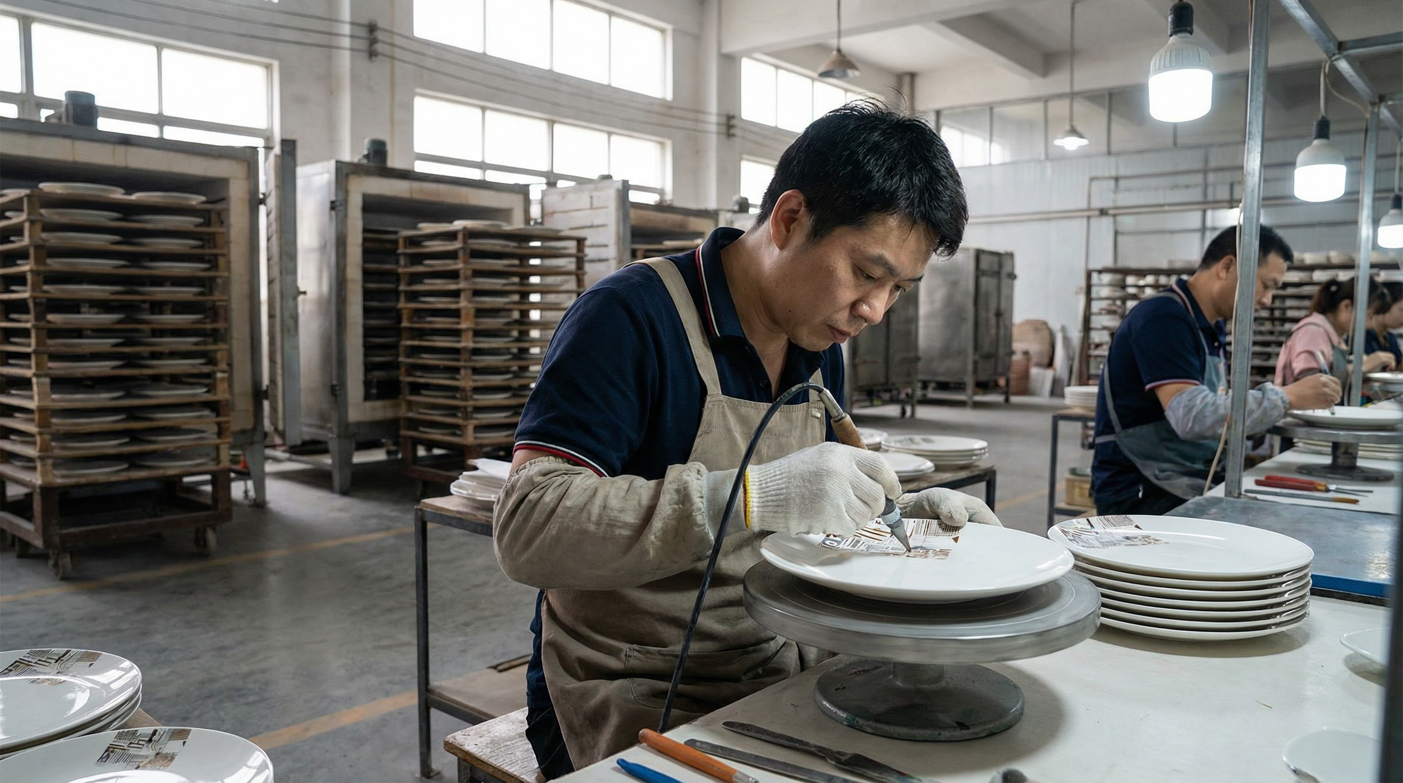 Factory worker applying custom logo decal to porcelain dinner plates during OEM ceramic tableware production