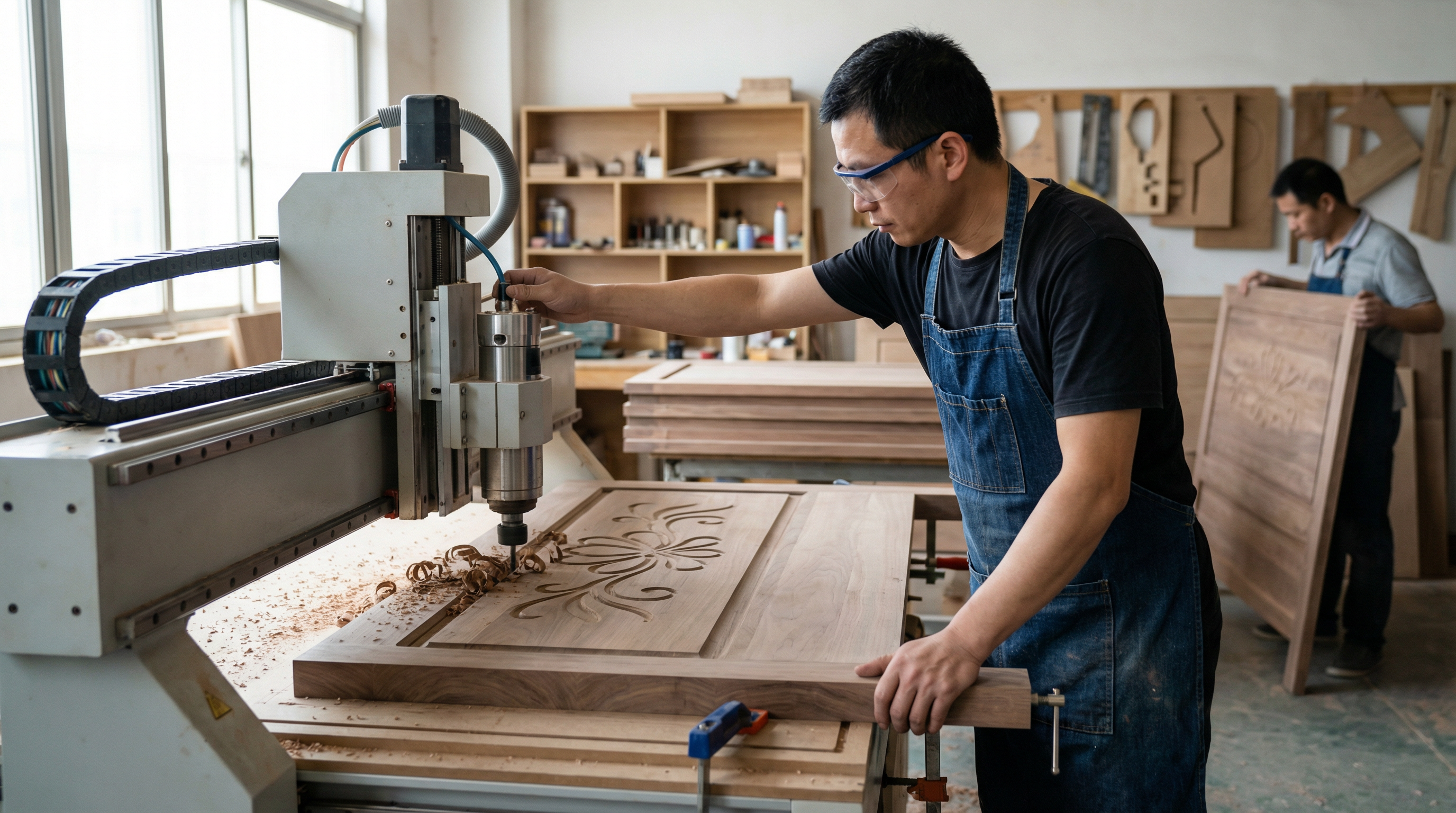 Craftsman applying custom logo embossing to hotel headboard using CNC routing in a Chinese furniture factory