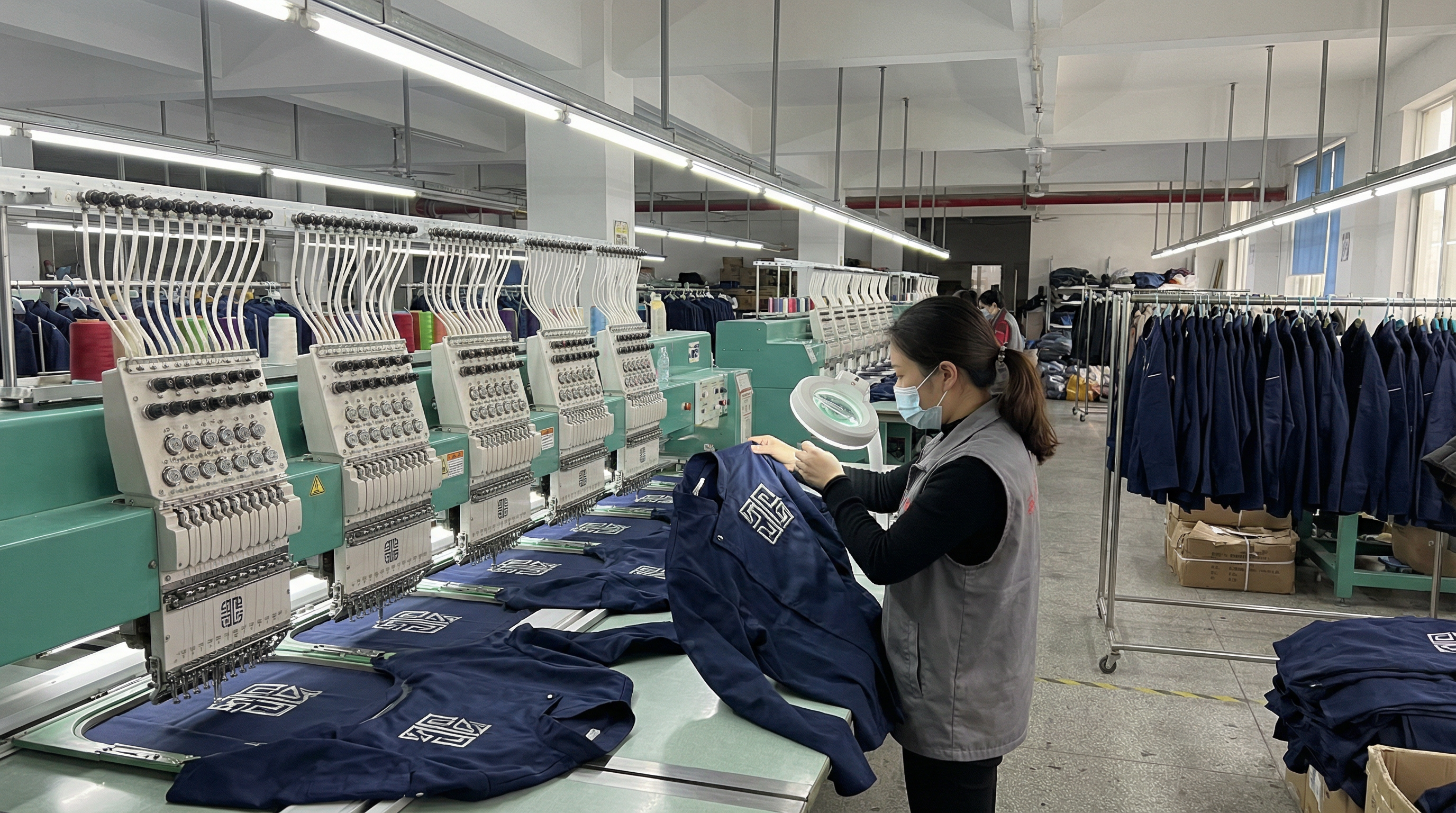 Industrial embroidery machines producing custom logo uniforms for restaurant staff in a Chinese textile factory