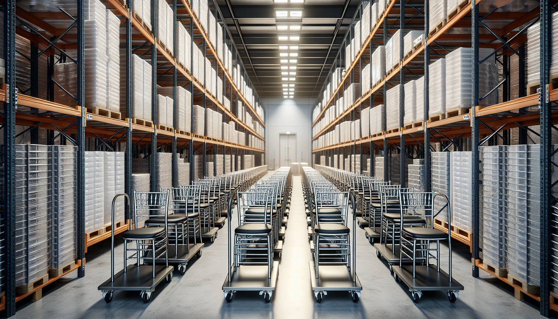 Rows of commercial-grade folding banquet chairs stacked on metal dollies in a hotel storage room