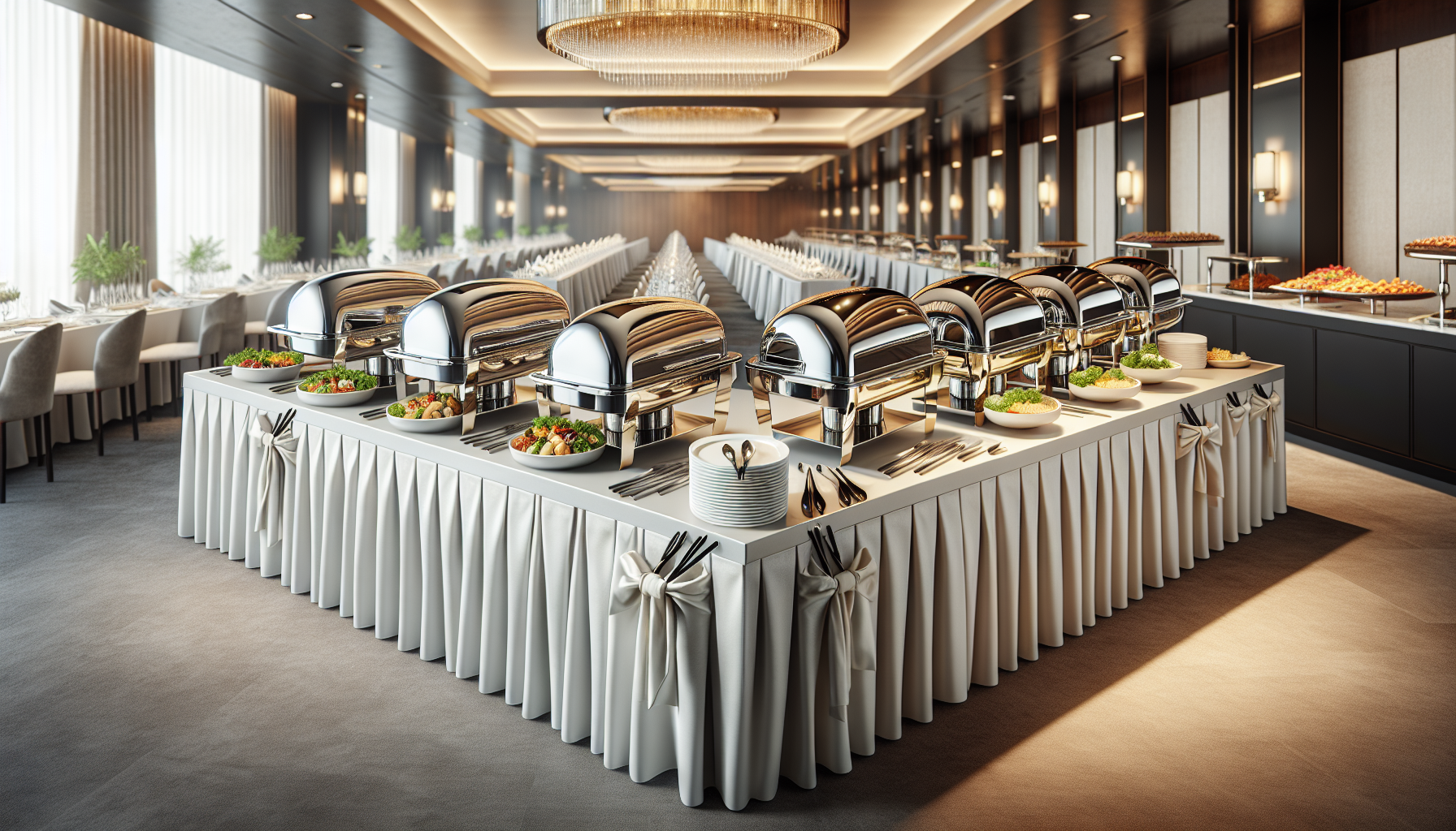 Professional hotel buffet setup with stainless steel chafing dishes, food risers, and warming stations arranged on a rectangular banquet table with white linen