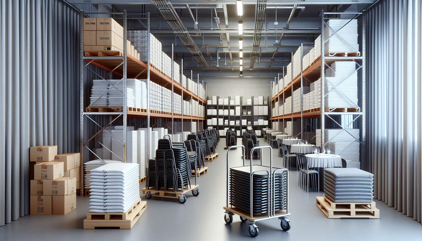 Organized hotel banquet storage room with stacked folding chairs on transport dollies, folded tables in vertical racks, and labeled linen shelving