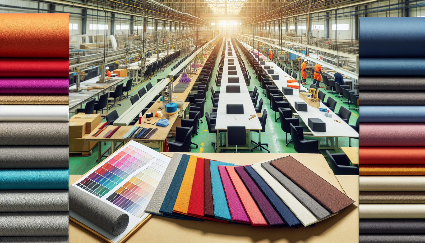 Factory floor showing rows of banquet chairs in production with custom fabric upholstery samples and color swatches on a workbench