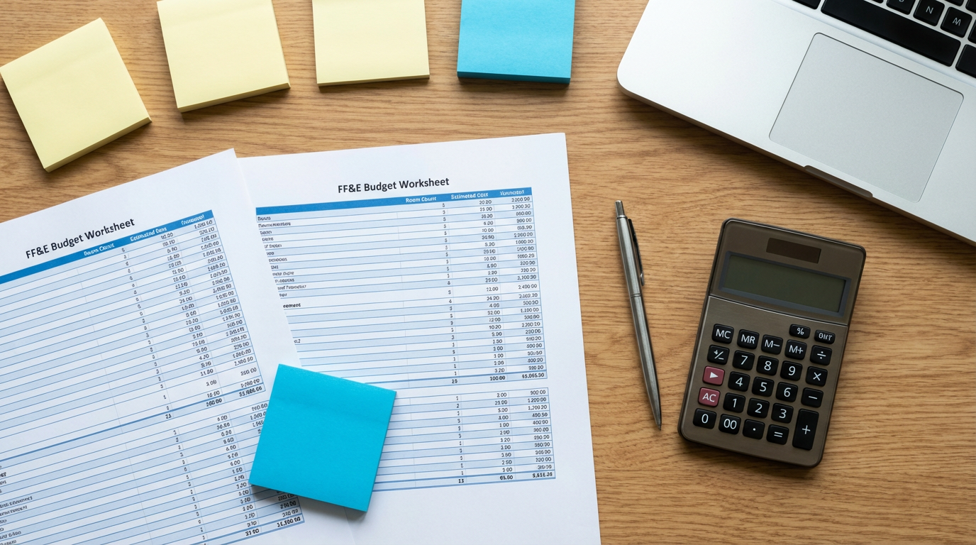 Sample hotel FF&E budget worksheet spreadsheet showing room count, per-key estimates, public area multiplier, and contingency calculation columns