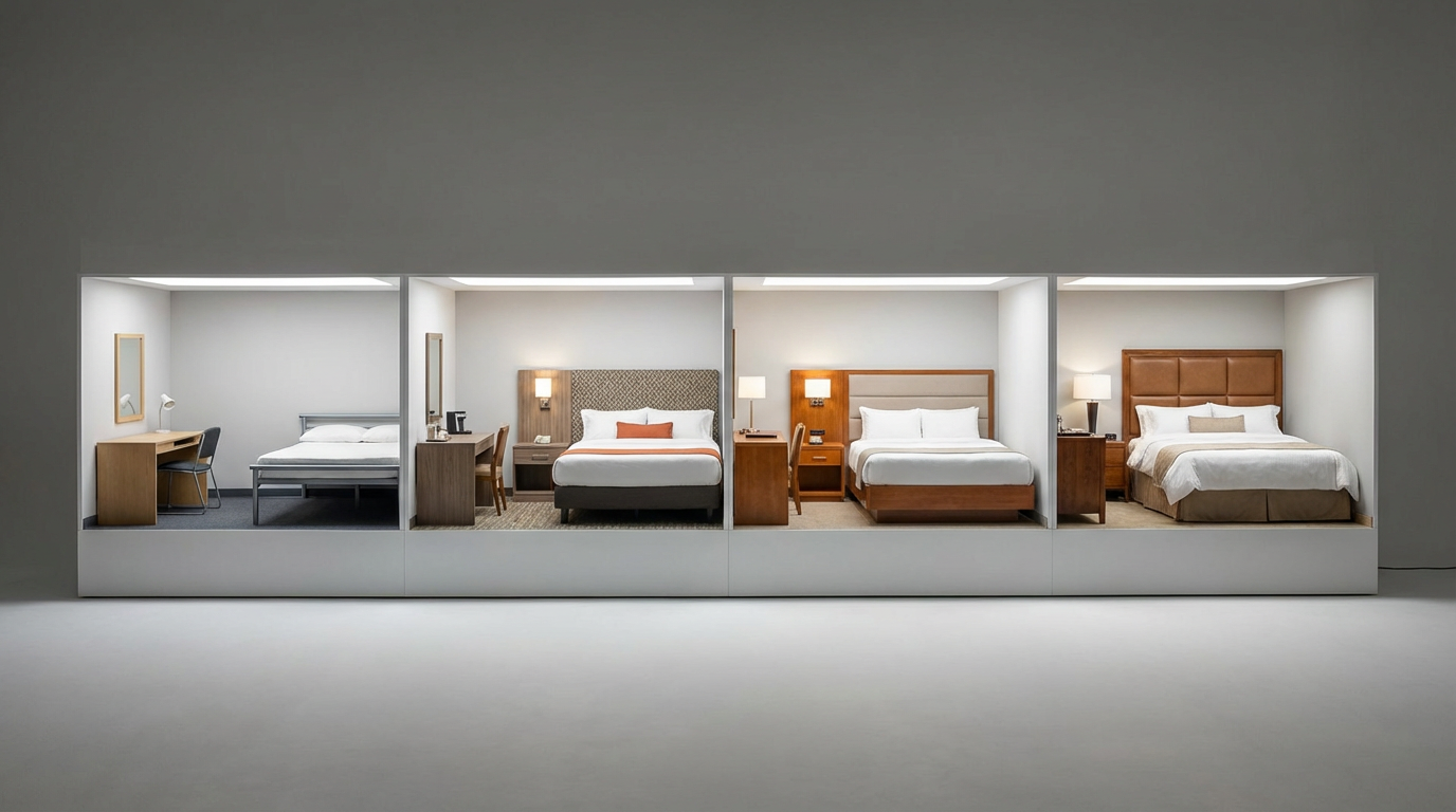 Horizontal bar chart comparing hotel FF&E cost per key by star rating from economy to luxury with benchmark ranges labeled