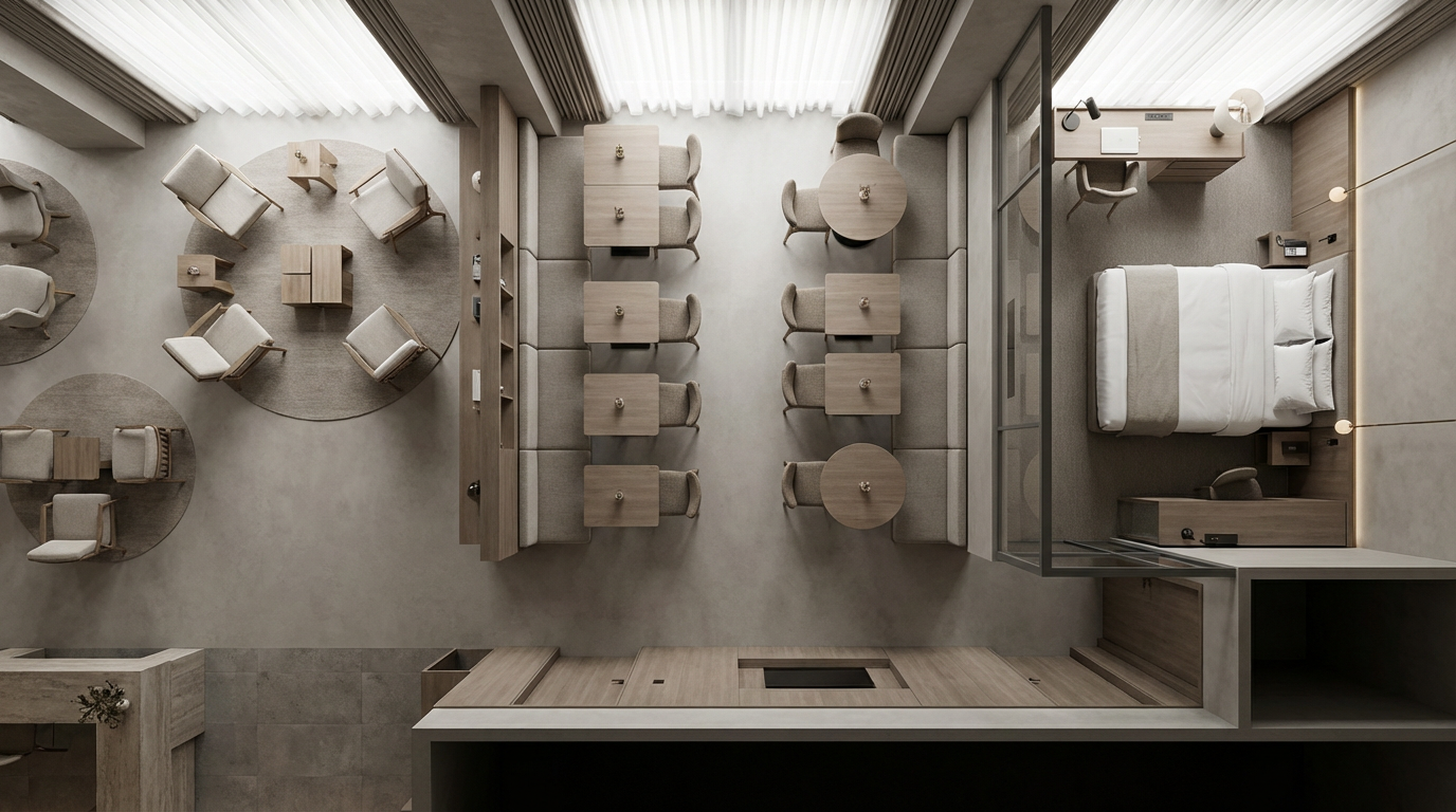 Exploded diagram of hotel floor plan showing guest room, suite, lobby, and F&B outlet with FF&E cost allocation labels for each zone