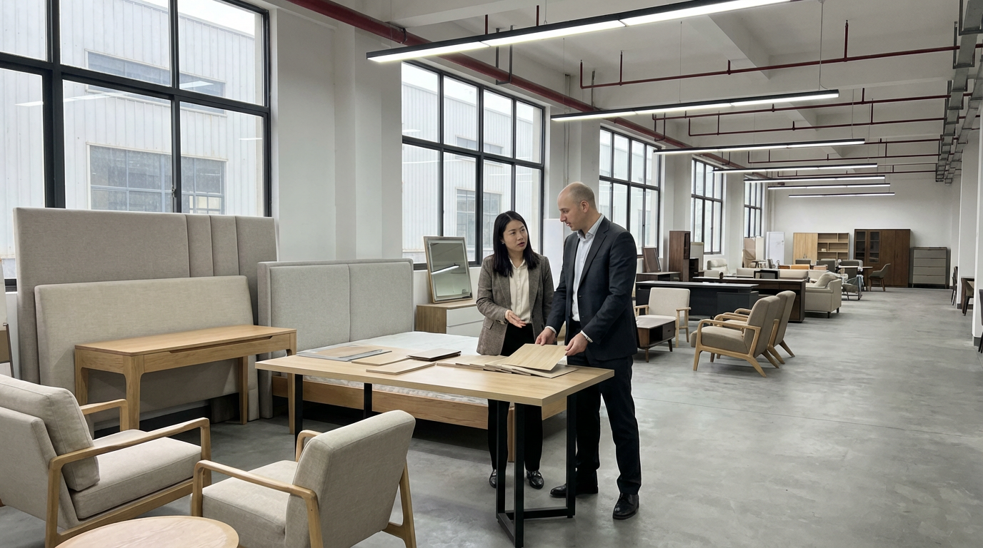 International procurement buyer and Chinese factory representative examining hotel case goods and upholstered seating samples in a Guangdong furniture showroom