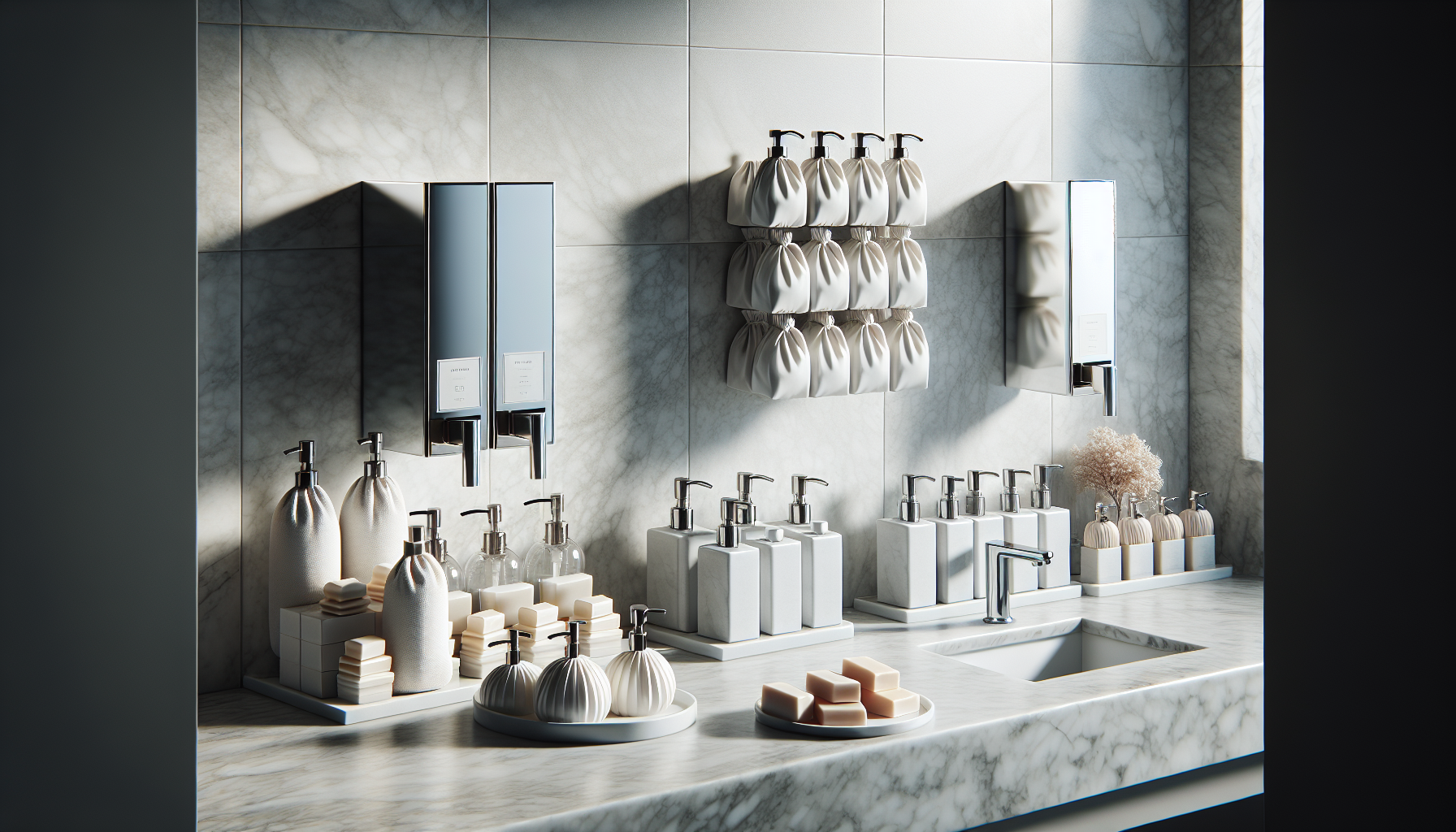Side-by-side comparison of hotel wall-mounted bulk soap dispensers versus individual branded amenity kit bottles in a hotel bathroom