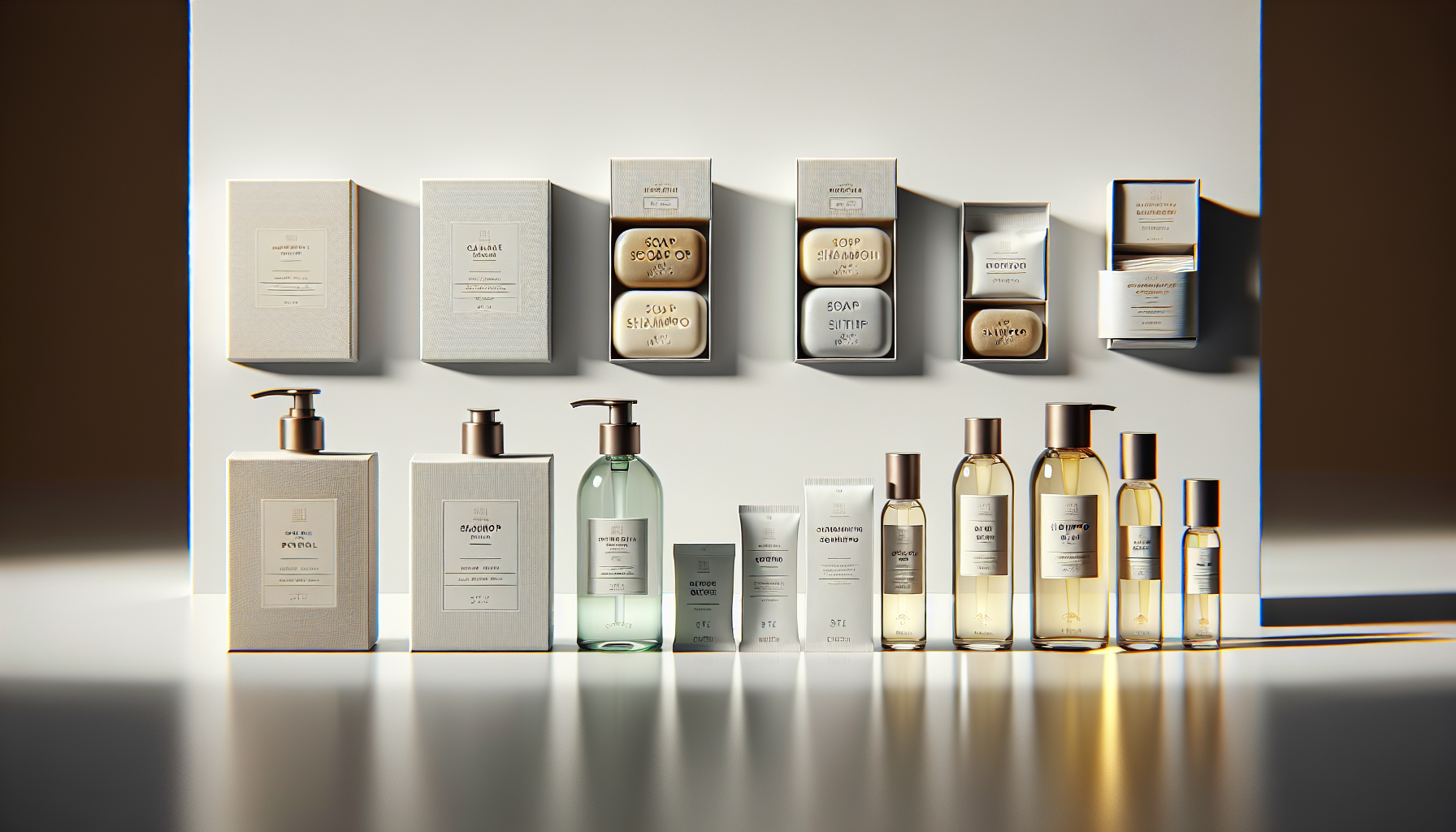 Hotel amenity quality tier comparison showing economy soap bar and shampoo sachet versus luxury bottled amenity kit with branded packaging