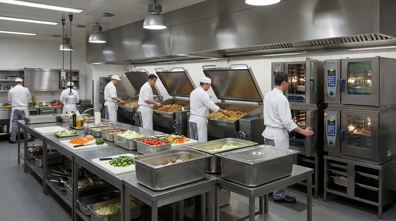 Hotel banquet kitchen with large tilting bratt pans and commercial combi ovens being used for high-volume batch cooking ahead of a banquet event