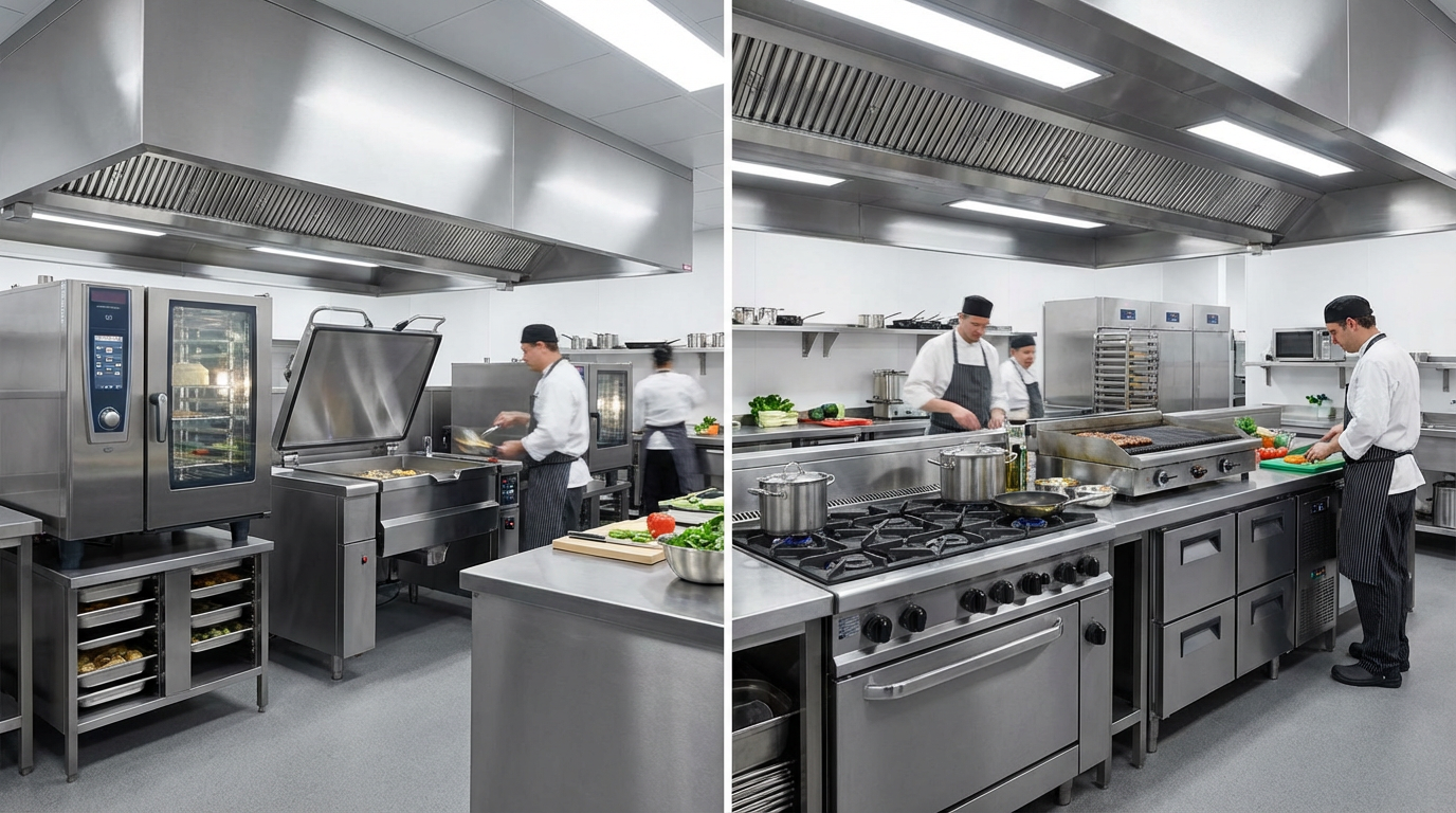 Side-by-side illustration comparing hotel kitchen equipment including combi ovens and bratt pans on the left with restaurant kitchen equipment like char-broilers and range tops on the right