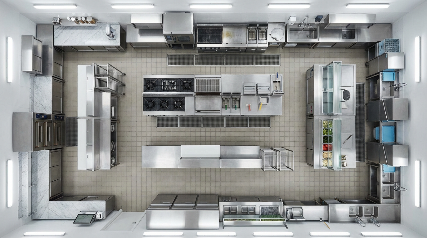 Overhead floor plan diagram of a full-service hotel kitchen showing labeled zones: main production, banquet prep, pastry section, cold kitchen, steward area, and receiving dock