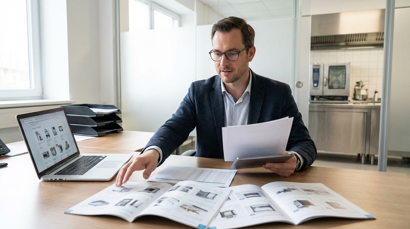 Procurement manager reviewing hotel kitchen equipment specifications and factory quotes from Chinese suppliers, with commercial combi ovens and stainless steel prep tables visible in the background