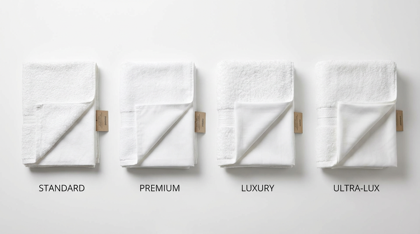 Hotel linen quality comparison chart showing thread count and GSM standards by star rating from budget to luxury