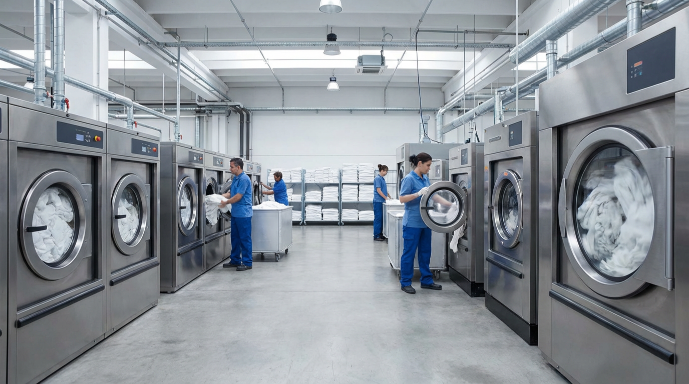 Commercial laundry facility washing hotel towels and bed sheets at scale showing industrial washer-extractors
