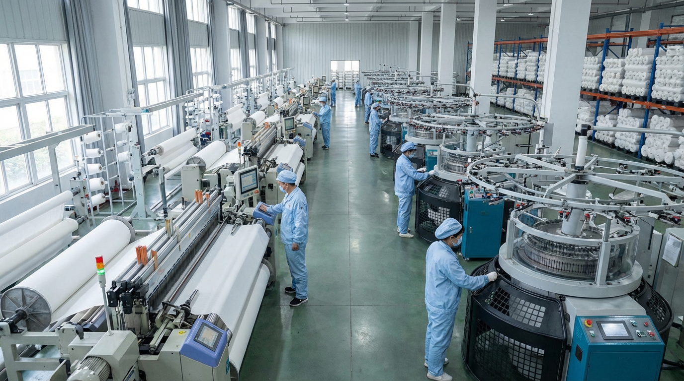 China textile factory production floor showing hotel linen manufacturing with quality control inspection