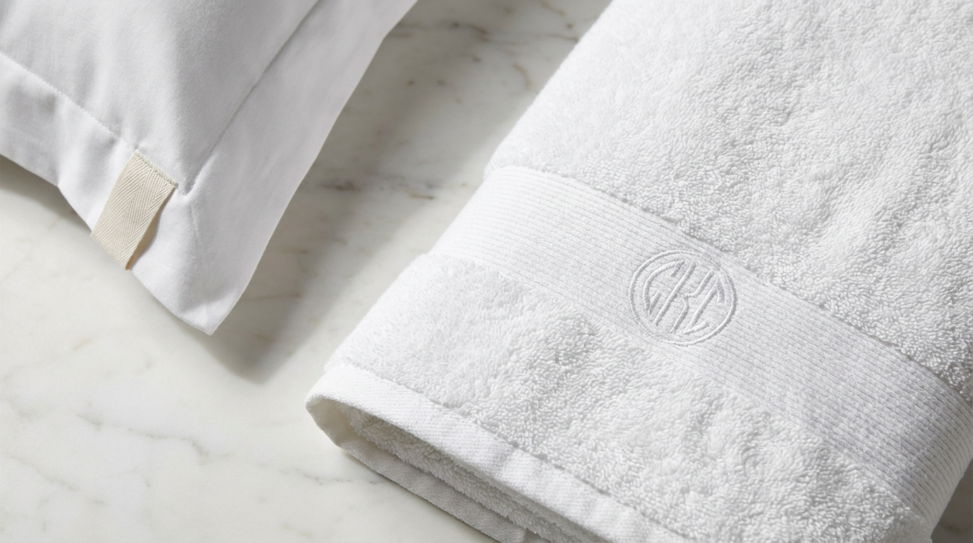 Hotel towels and bed linens with custom embroidered logo and woven label showing premium branding options